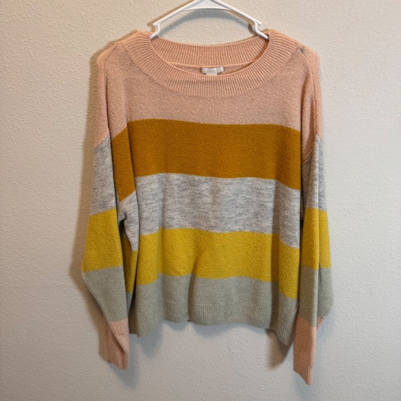 H&M Striped Sweater, Crew Neck, Long Sleeve, Size M, Pink, Yellow, Gray - Picture 1 of 4